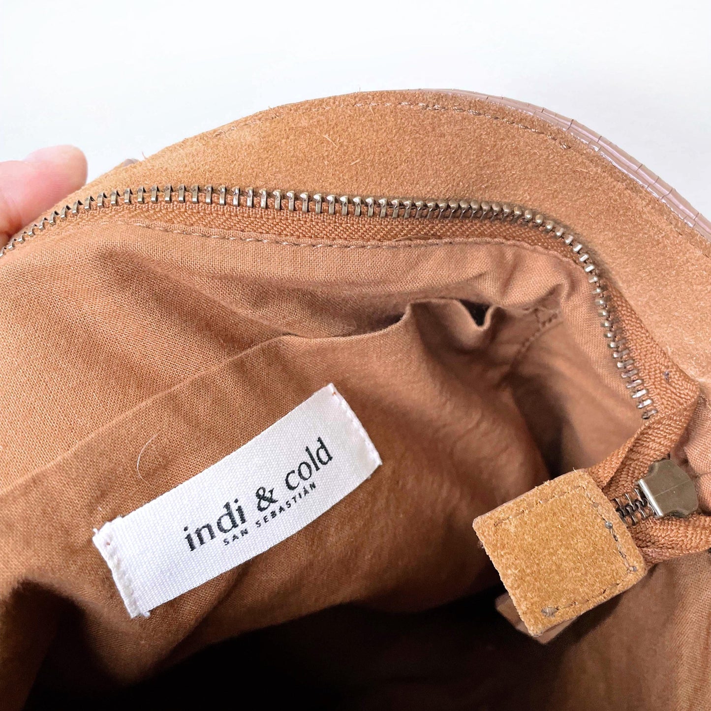 indi + cold suede crossbody bag with wood handles