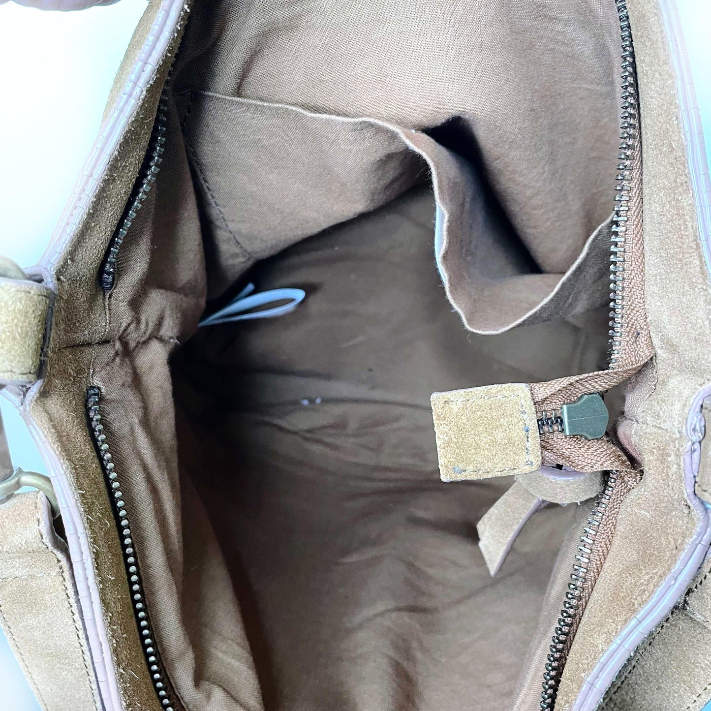 indi + cold suede crossbody bag with wood handles