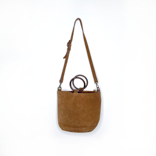 indi + cold suede crossbody bag with wood handles