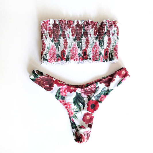 zaful floral ruched top thong bikini set - size medium