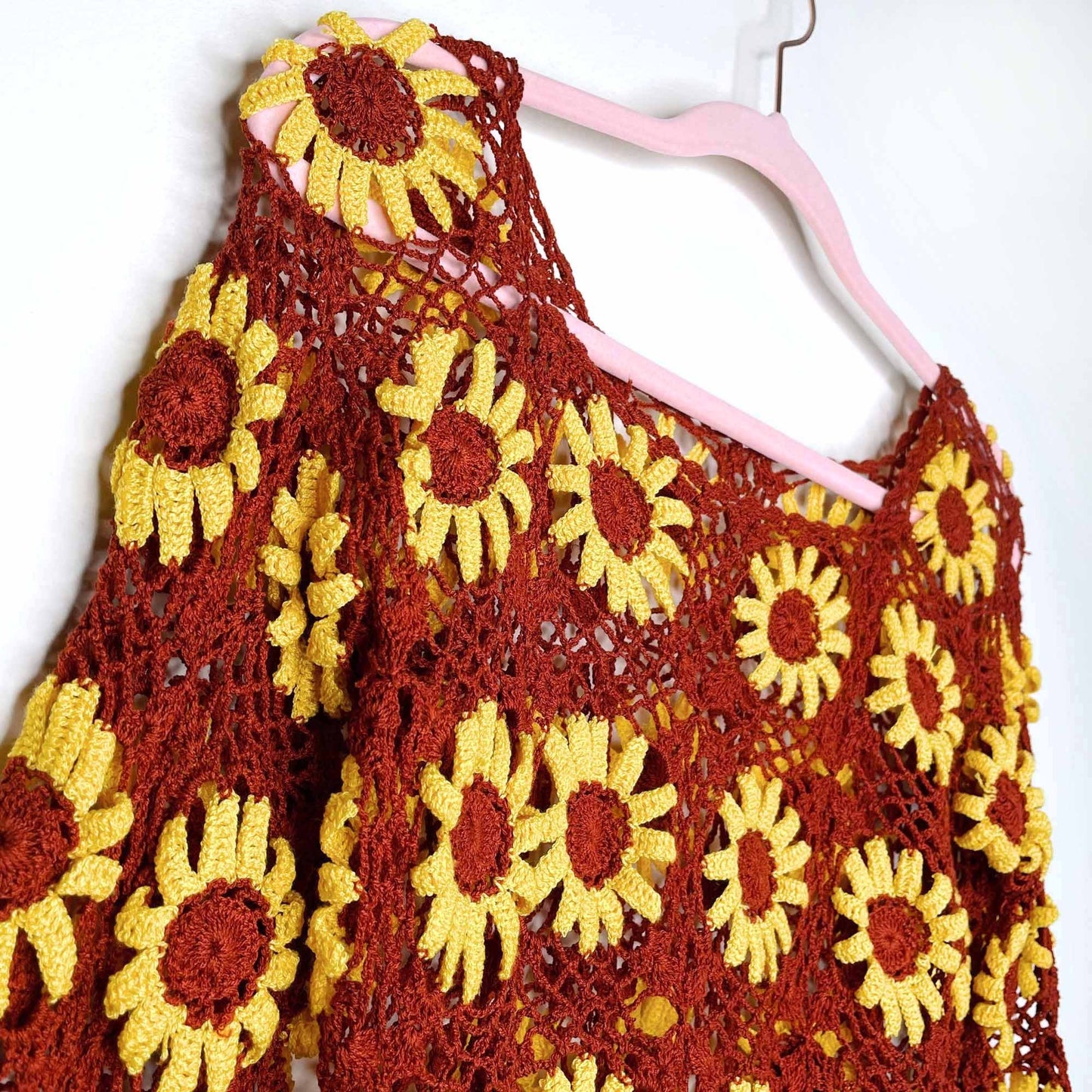 vintage boho crochet sunflower top beach cover up - size xs