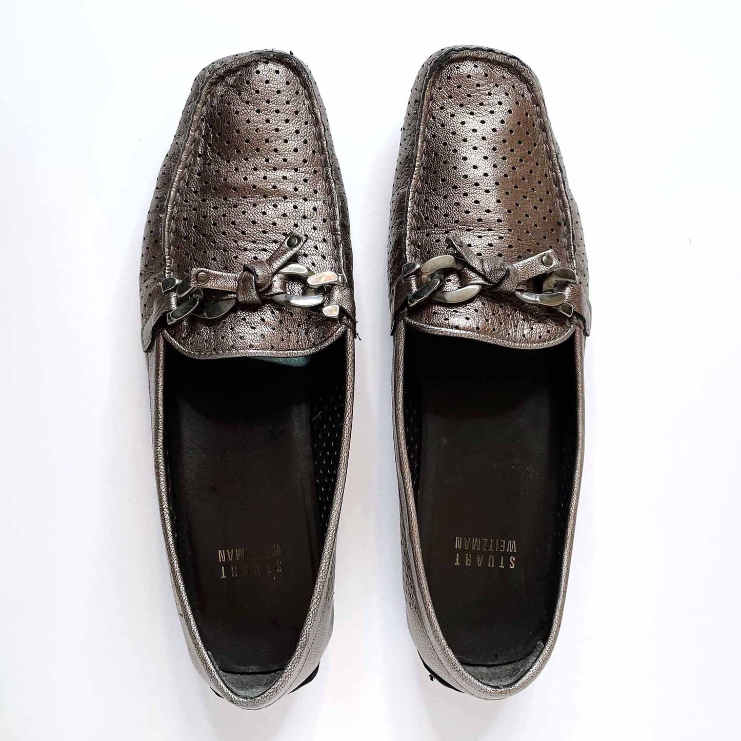 stuart weitzman bronzed leather perforated driving loafer - size 8