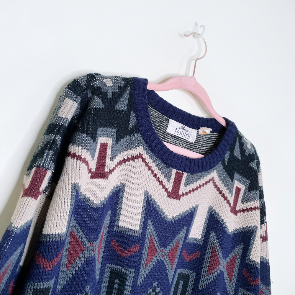 vintage fellini patterned knit crewneck sweater - size large