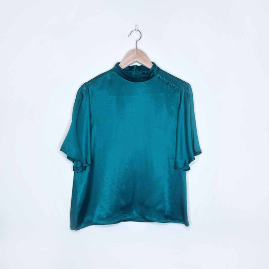 vintage teal satin blouse with flutter sleeve and covered button detail - size sm/med