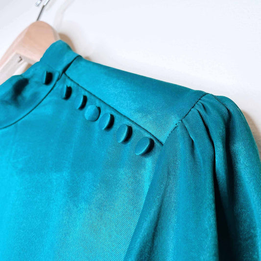 vintage teal satin blouse with flutter sleeve and covered button detail - size sm/med
