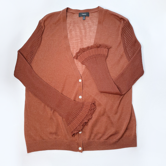 theory fine-knit wool cardigan with ribbed ruffle hem sleeves - size large