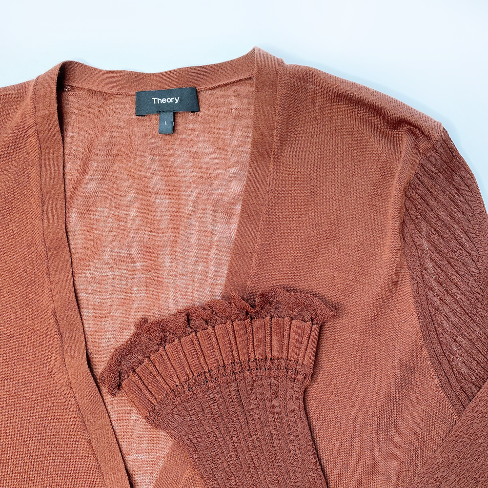 theory fine-knit wool cardigan with ribbed ruffle hem sleeves - size large