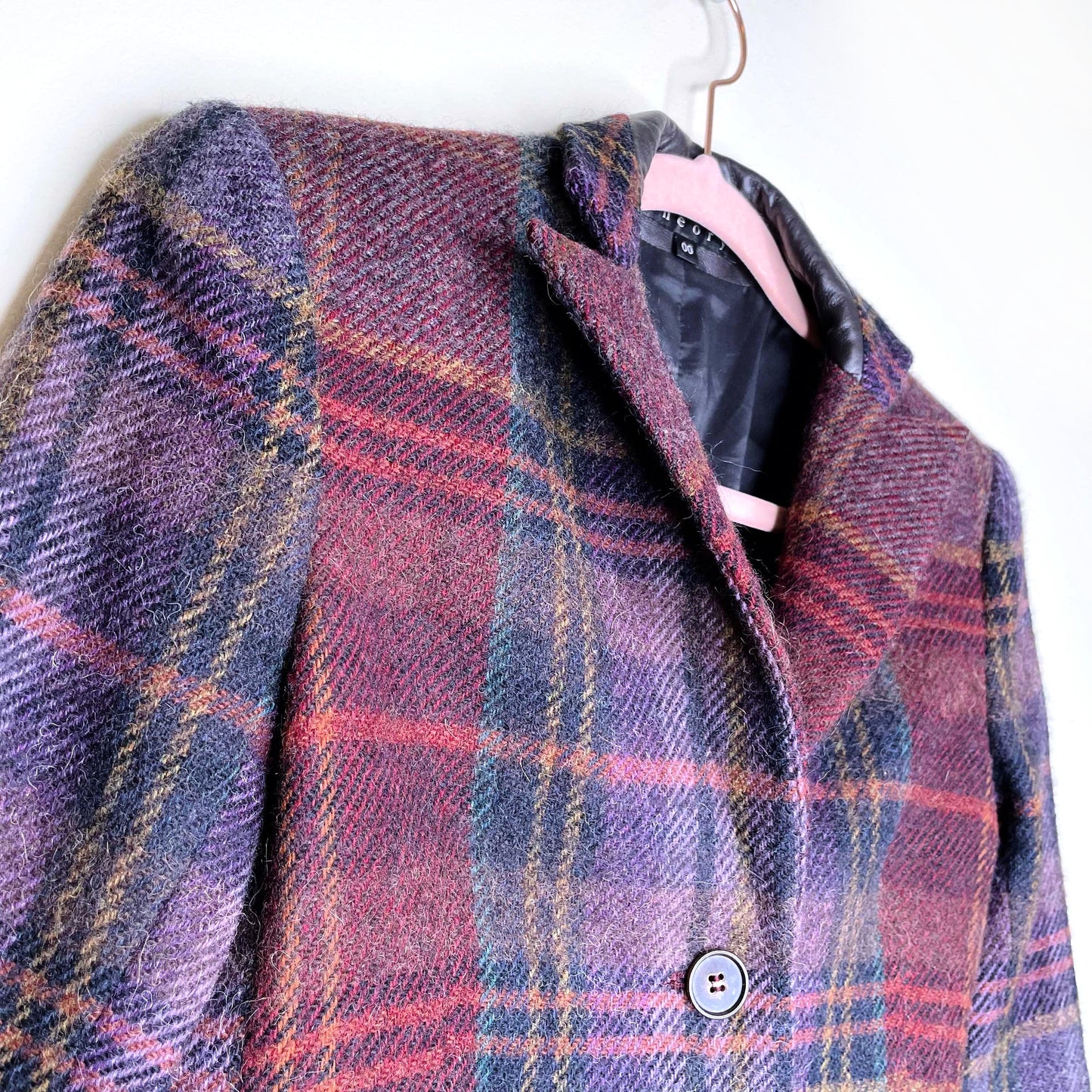 theory sharma wool-alpaca plaid blazer with leather trim - size 00