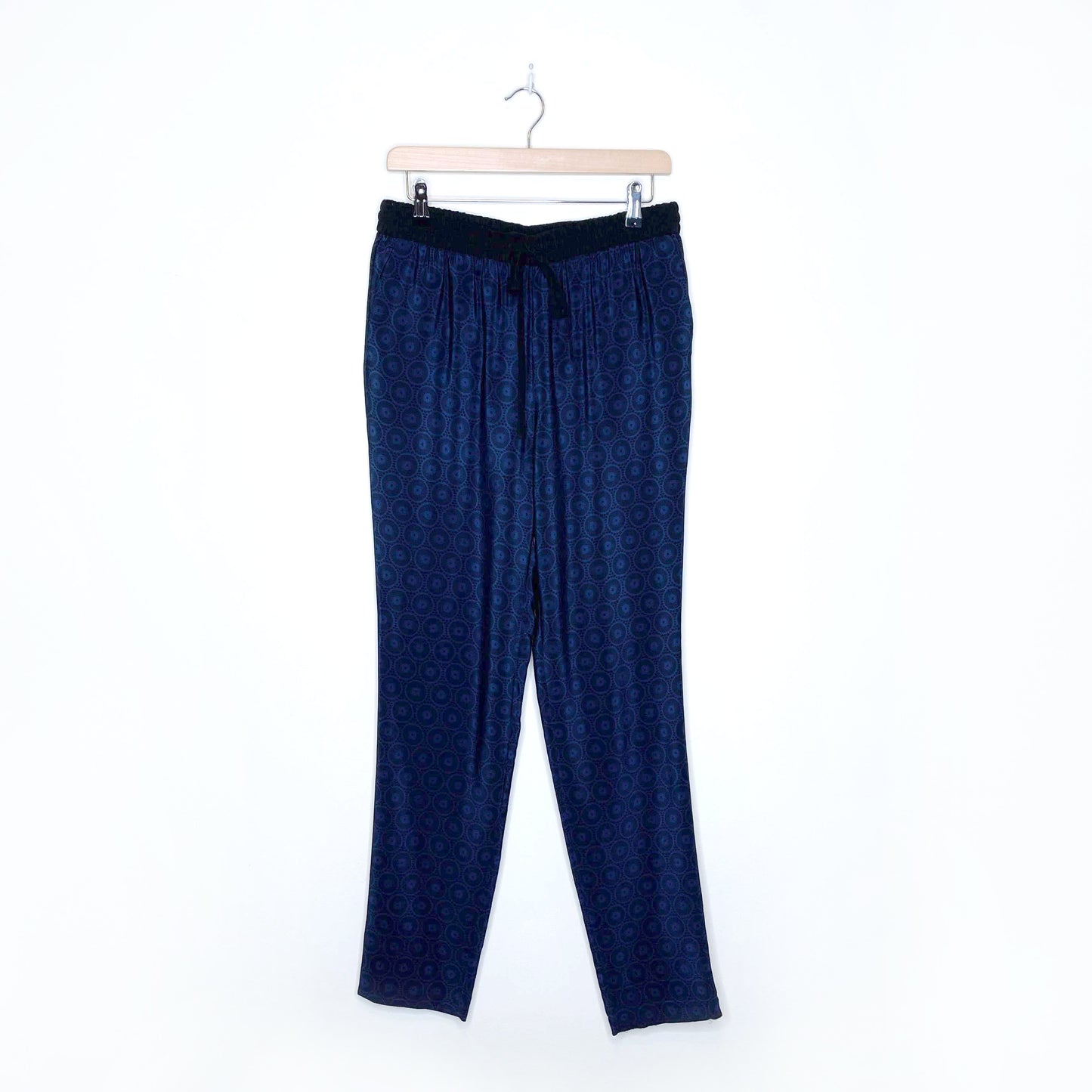 tibi blue black patterned high rise silk drawstring joggers - size 6