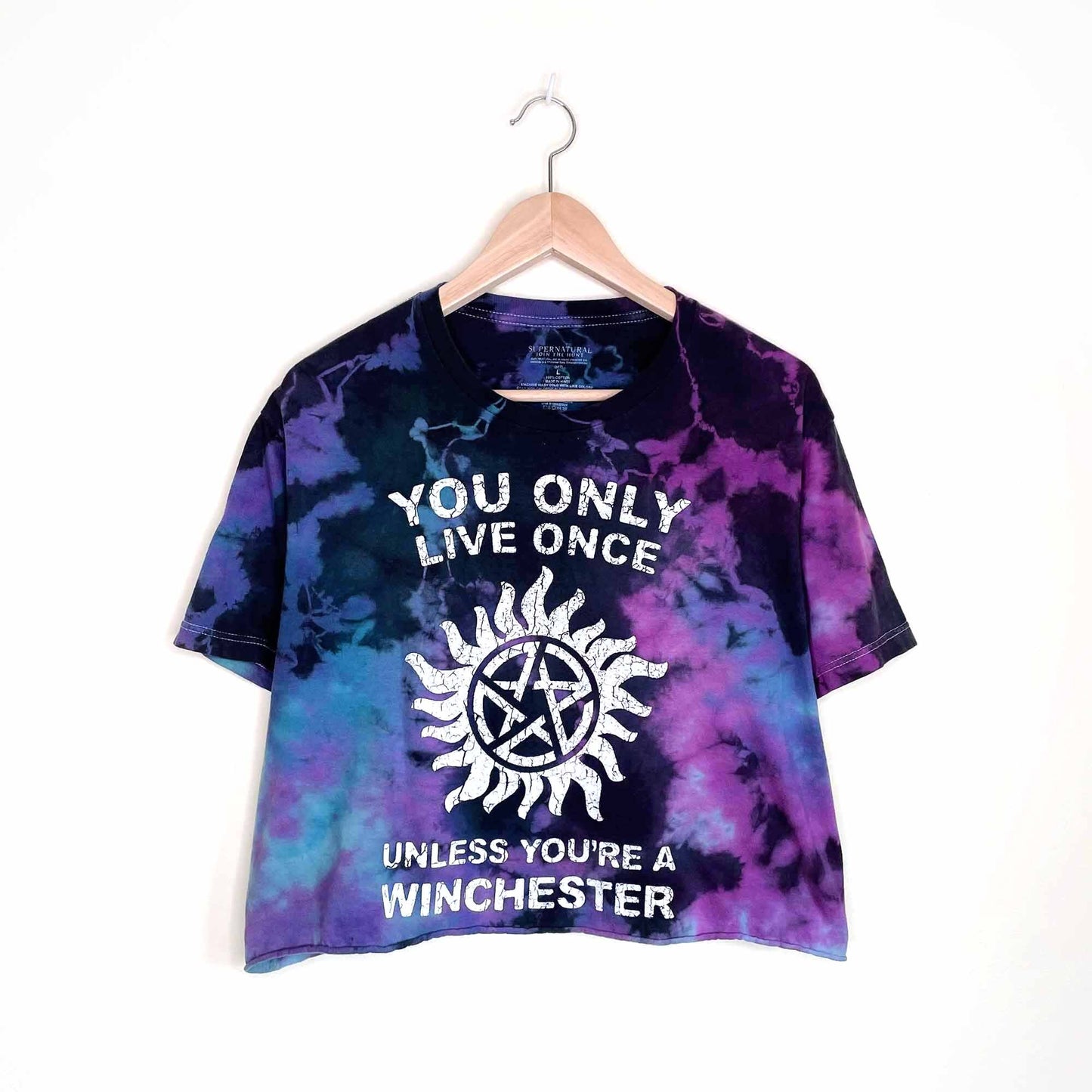 supernatural boho sun decal tie dye cropped tee - size large