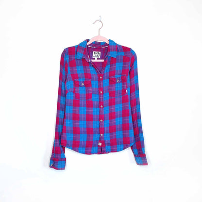 tna gauzy cotton plaid button down - size xs