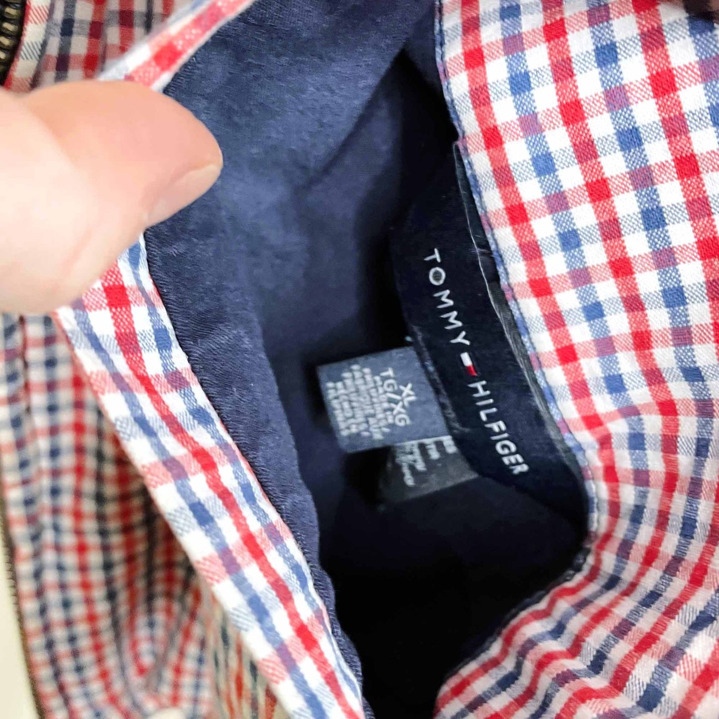 vintage tommy hilfiger reversible plaid cotton collarless jacket - size xl