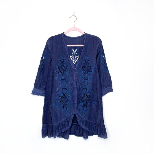 boho embroidered laser cut button down shirt - size xs