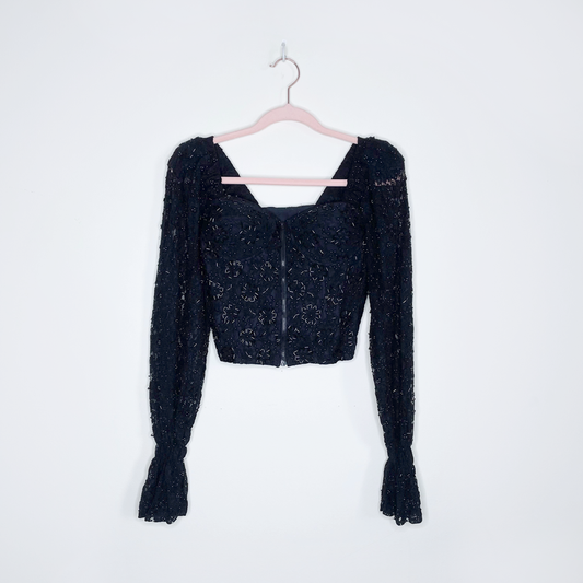 vintage beaded bustier crop with balloon sheer sleeves - size xs/sm