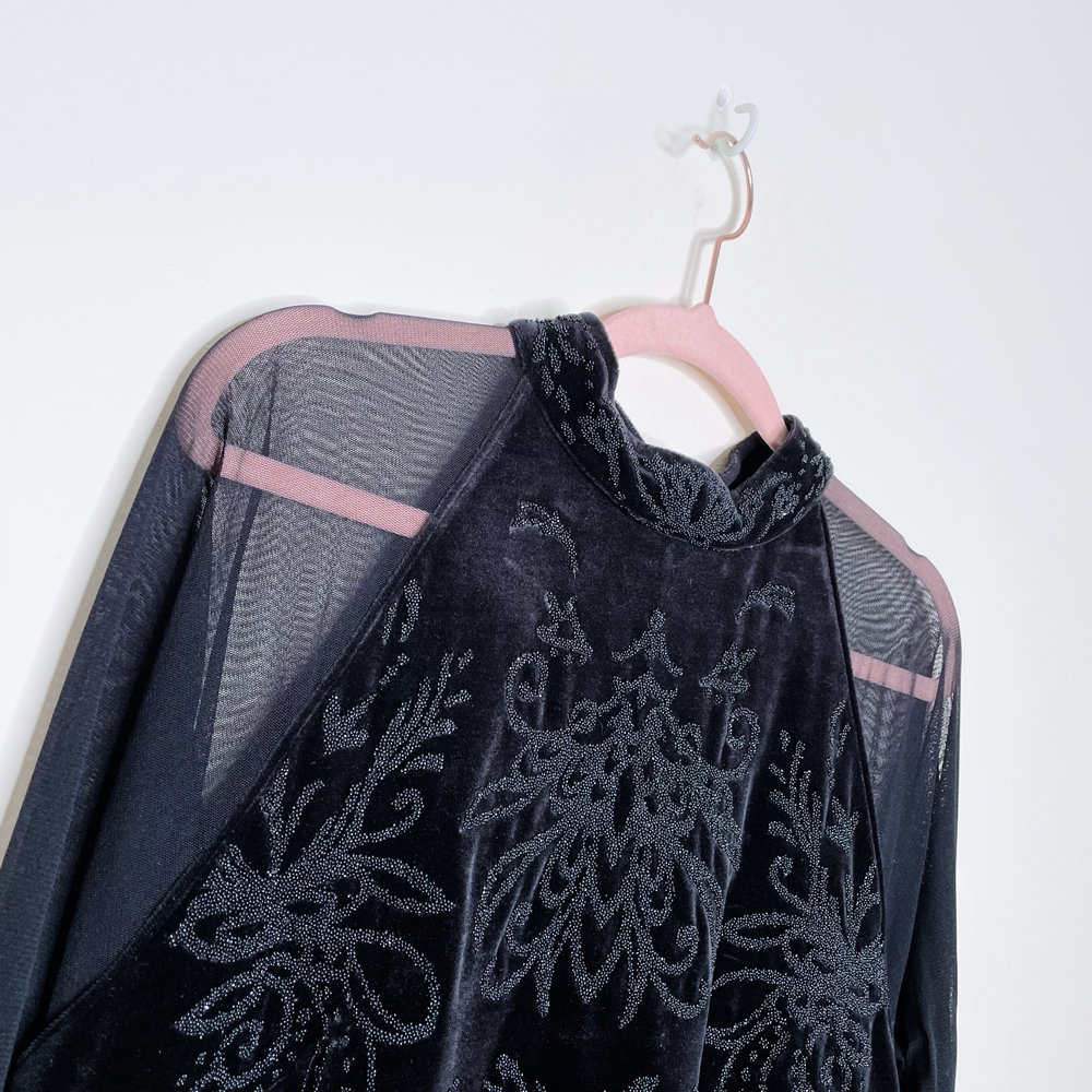 black contrast mesh high neck beaded top - size small