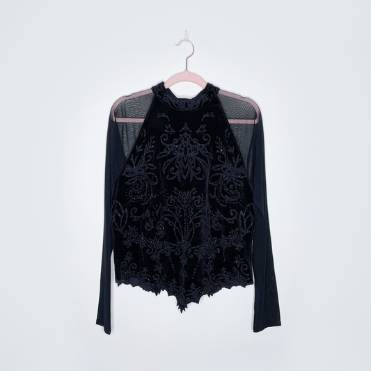 black contrast mesh high neck beaded top - size small