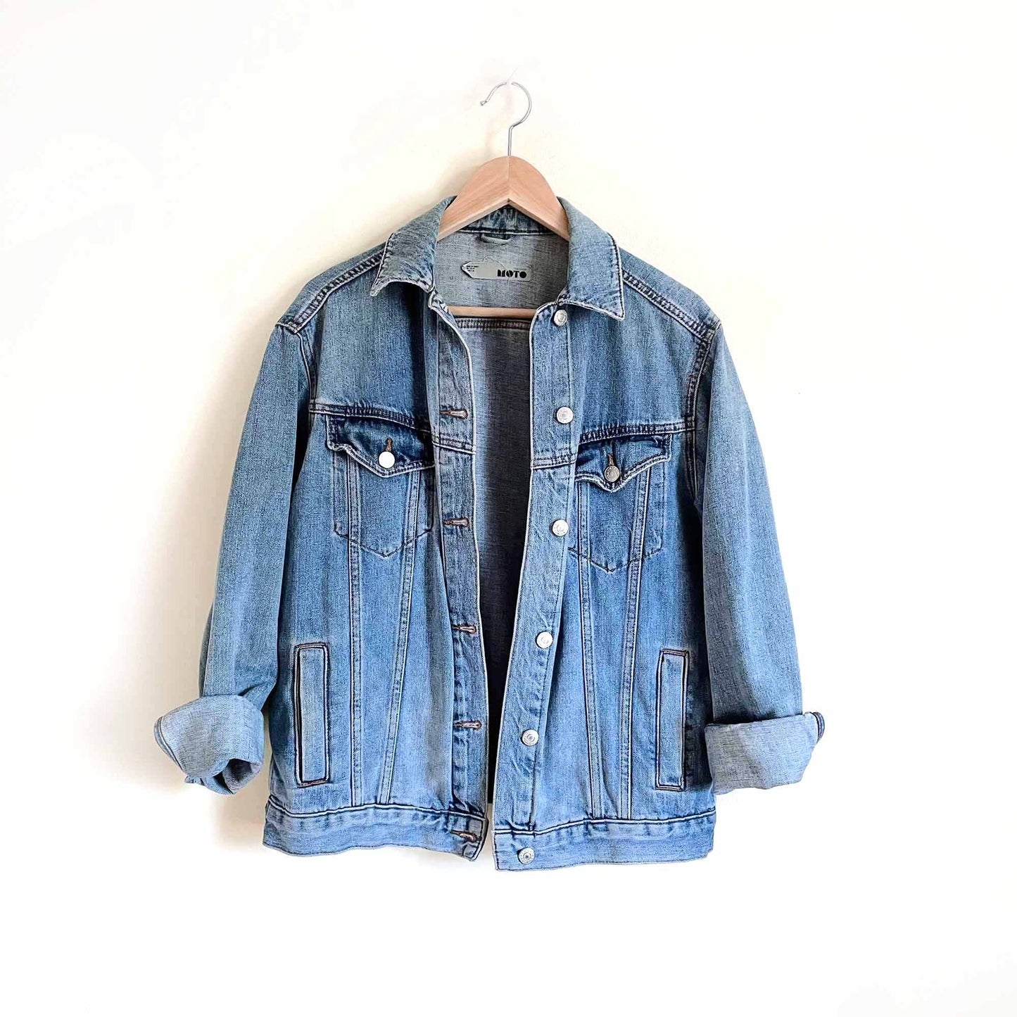 oversized topshop denim jean moto jacket - size 2