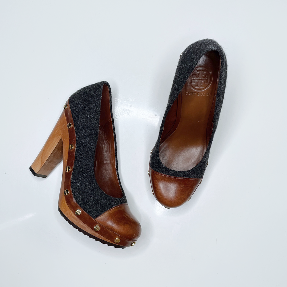 tory burch wanda flannel leather studded heels - size 6