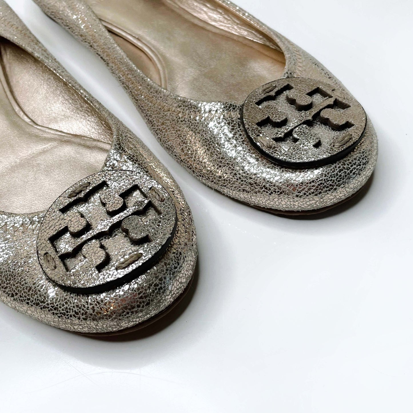 tory burch gold leather minnie ballet flats - size 6