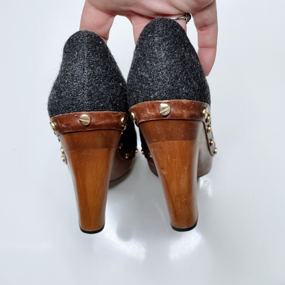 tory burch wanda flannel leather studded heels - size 6