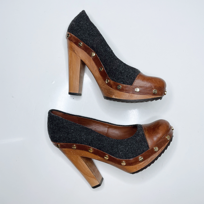 tory burch wanda flannel leather studded heels - size 6