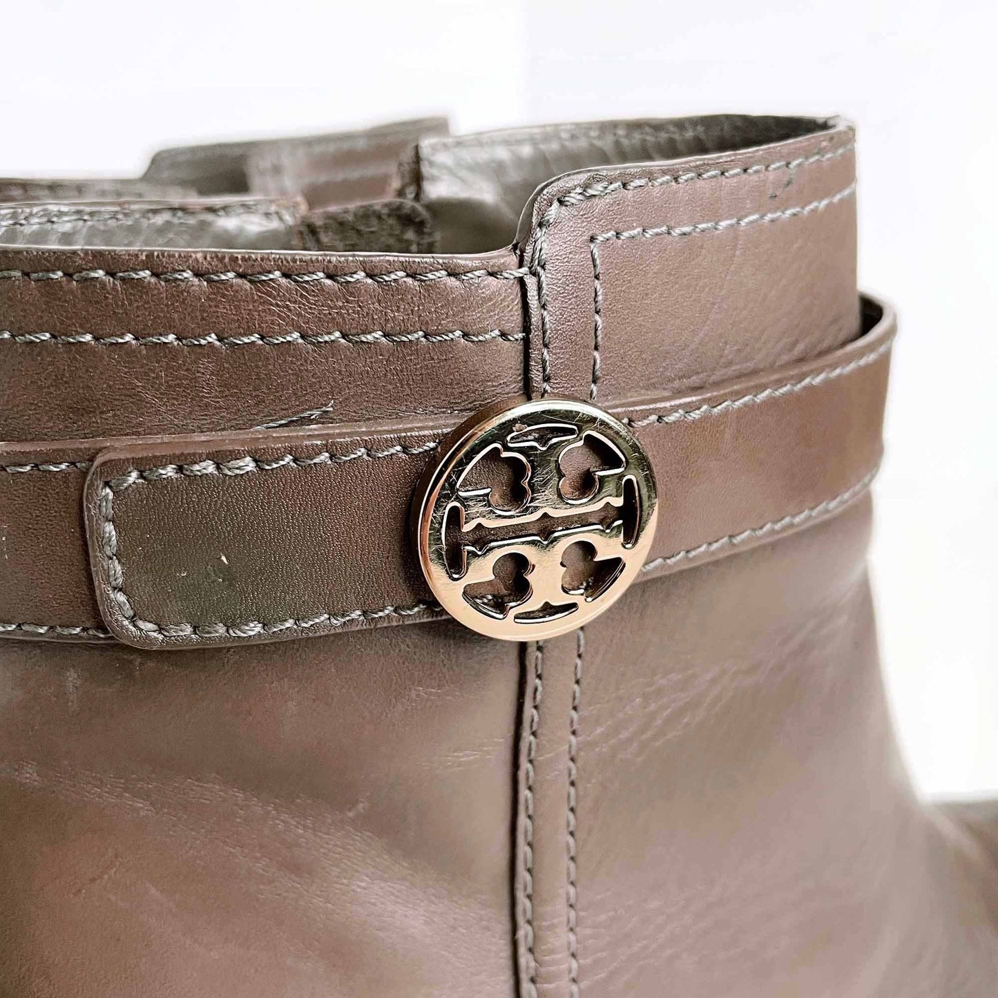 tory burch leather bristol booties in elephant brown - size 8