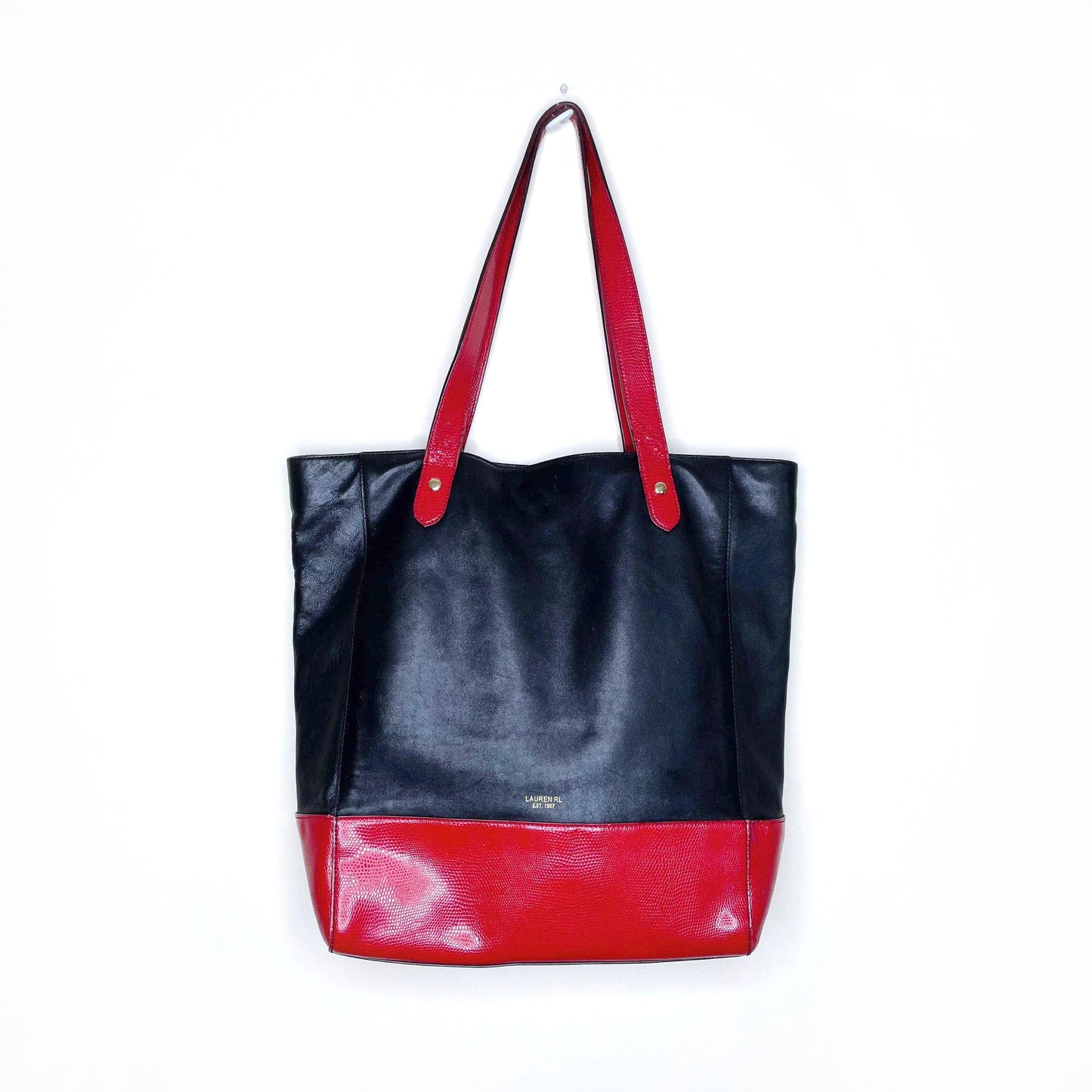 lauren ralph lauren black red leather tote bag