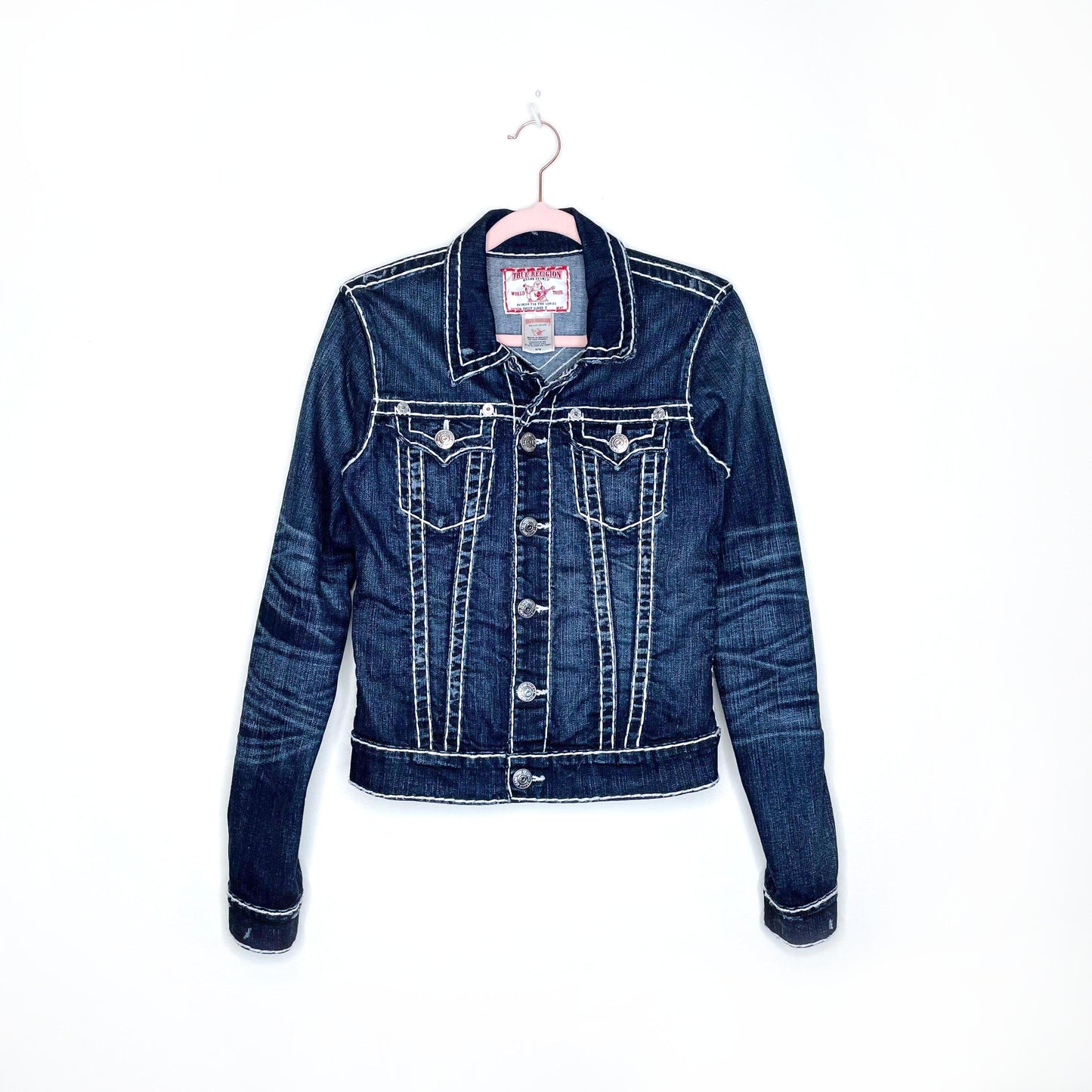 true religion emily super t contrast stitch jean jacket - size medium