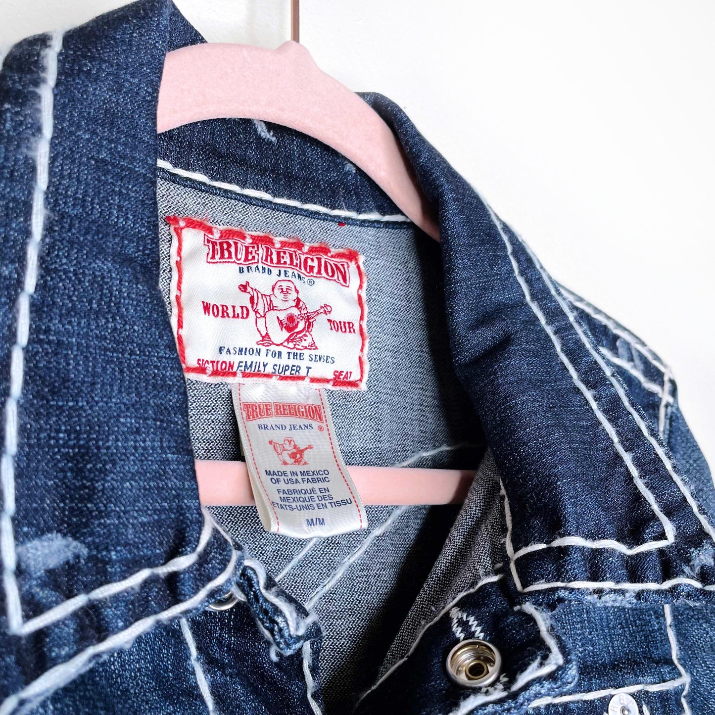 true religion emily super t contrast stitch jean jacket - size medium