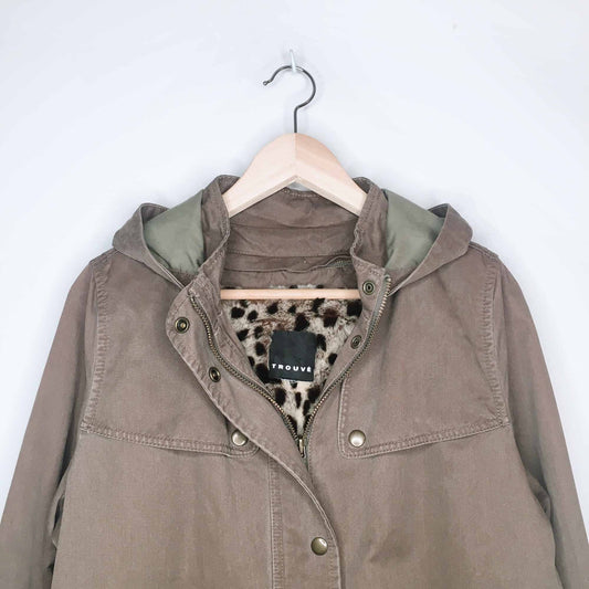 Trouvé twill parka with leopard faux fur removable lining - size Medium