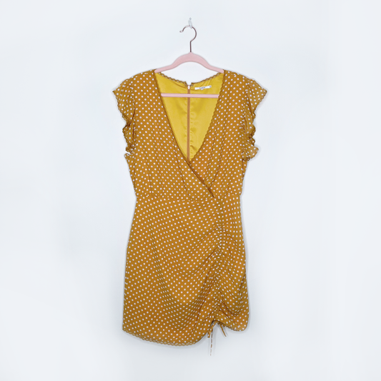 tularosa huntington yellow polka dot ruffle mini dress - size medium