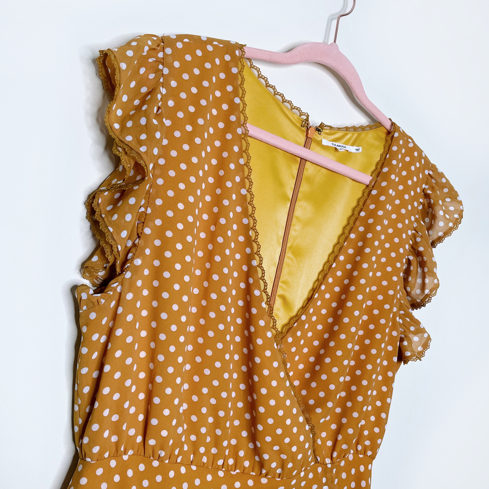 tularosa huntington yellow polka dot ruffle mini dress - size medium