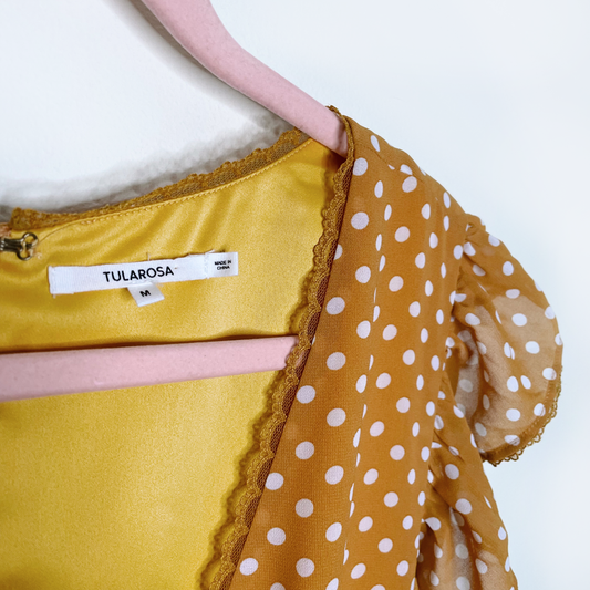 tularosa huntington yellow polka dot ruffle mini dress - size medium