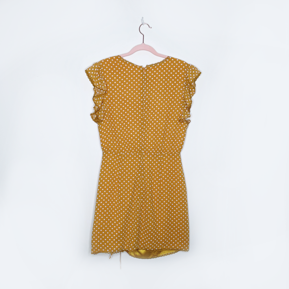 tularosa huntington yellow polka dot ruffle mini dress - size medium