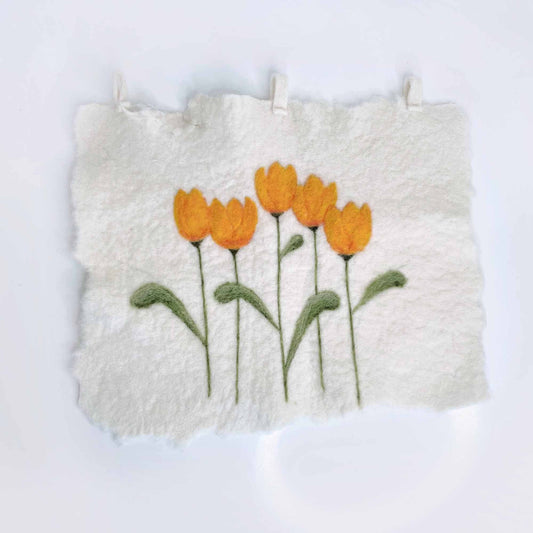 vintage handmade felted wool folk tulip wall hanging - 17x14"