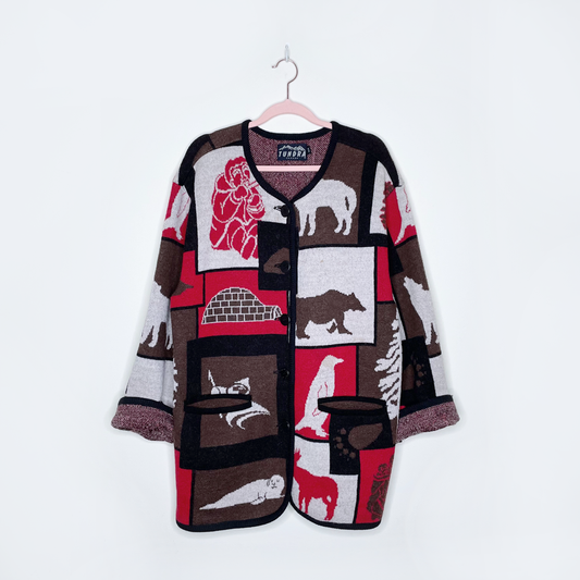 vintage tundra wool canadiana scene cardigan sweater jacket - size medium