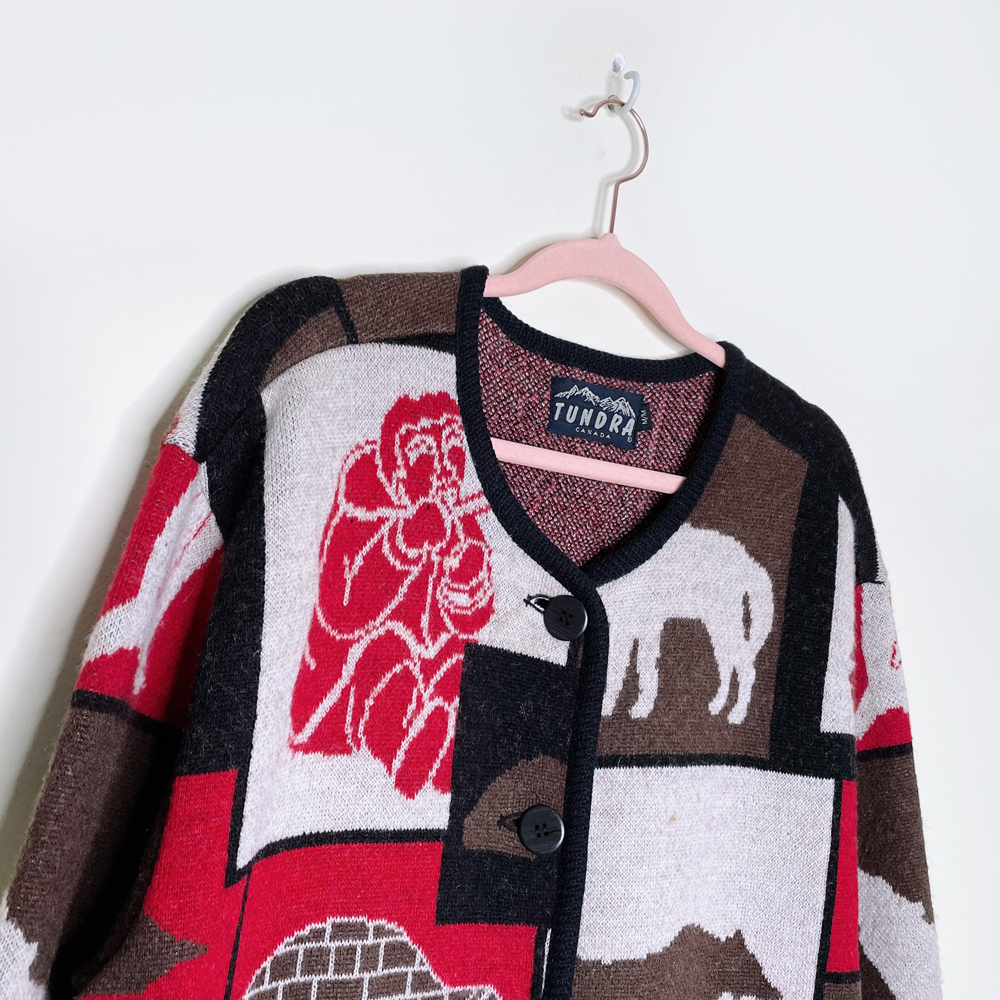 vintage tundra wool canadiana scene cardigan sweater jacket - size medium