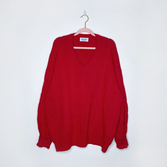 vintage ucob red wool silk cashmere cable knit v-neck sweater - size xl