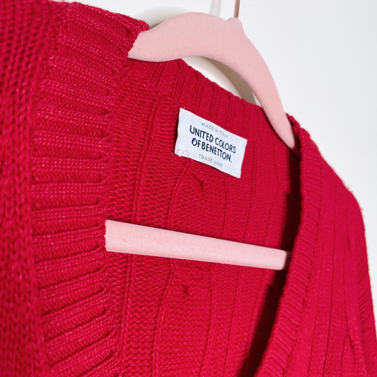 vintage ucob red wool silk cashmere cable knit v-neck sweater - size xl