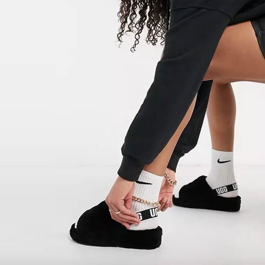 ugg black fluff yeah sheepskin slide slippers - size 8.5