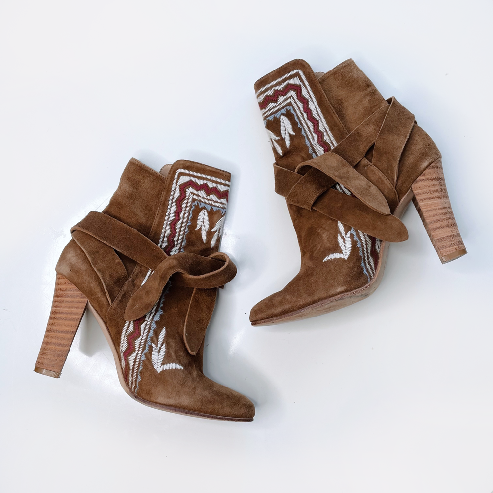 ulla johnson aggie embroidered suede boho ankle booties - size 38