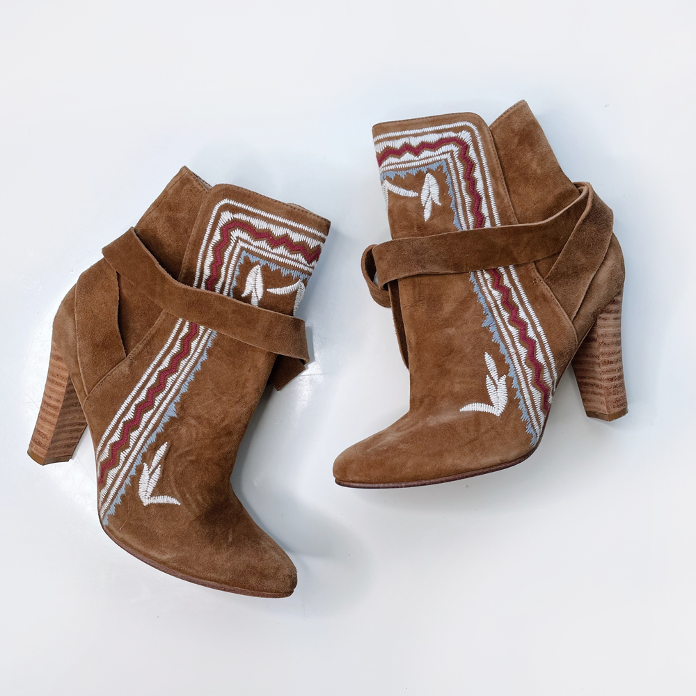 ulla johnson aggie embroidered suede boho ankle booties - size 38