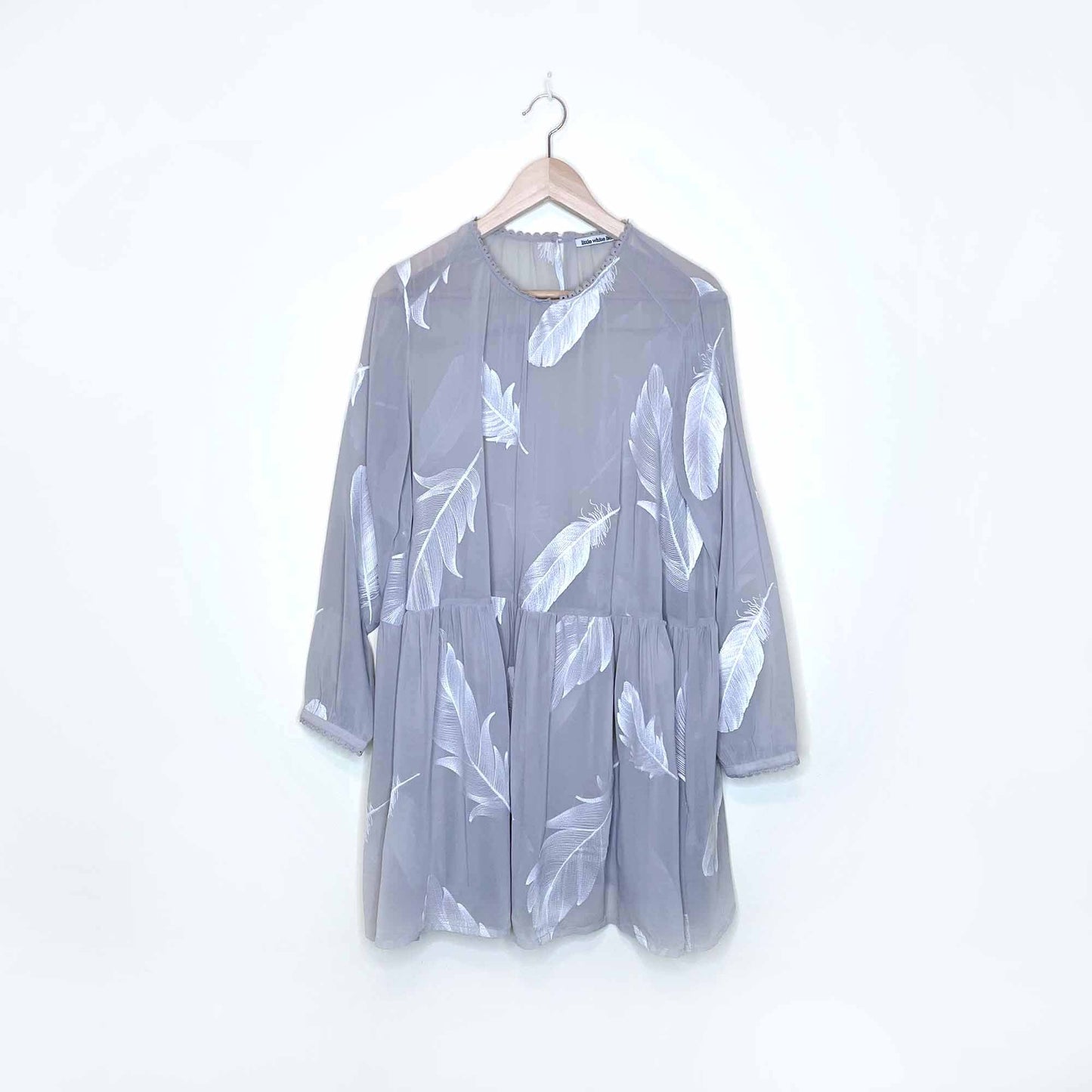 uo little white lies grey chiffon dress with feather embroidery - size m/l