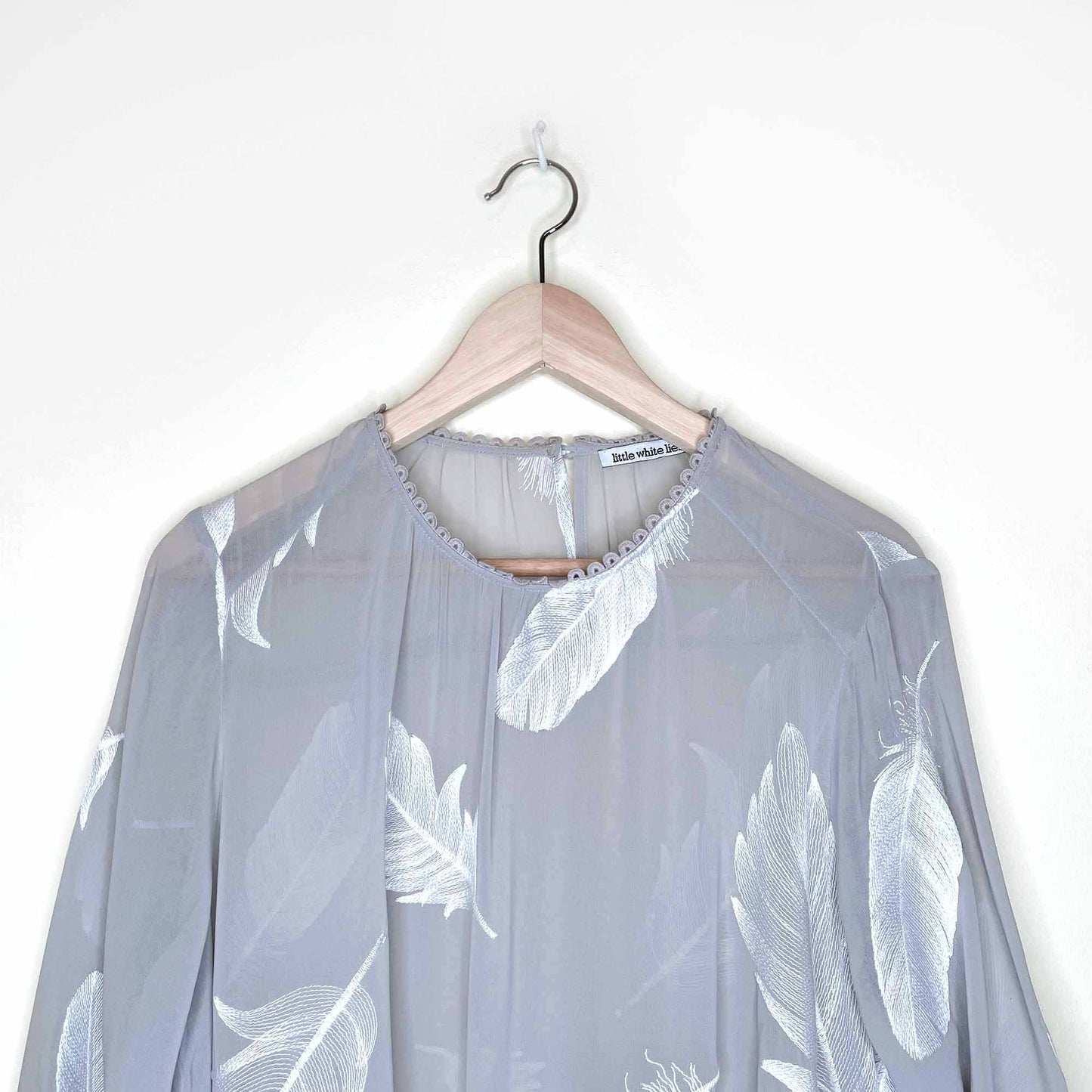 uo little white lies grey chiffon dress with feather embroidery - size m/l