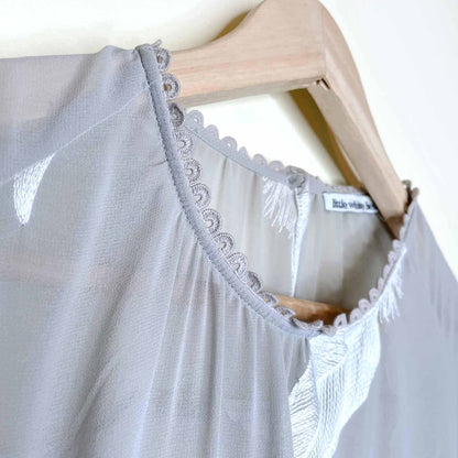 uo little white lies grey chiffon dress with feather embroidery - size m/l