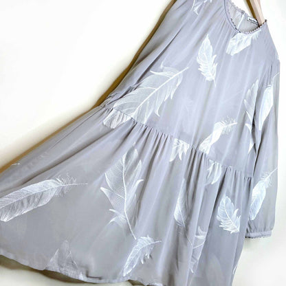 uo little white lies grey chiffon dress with feather embroidery - size m/l
