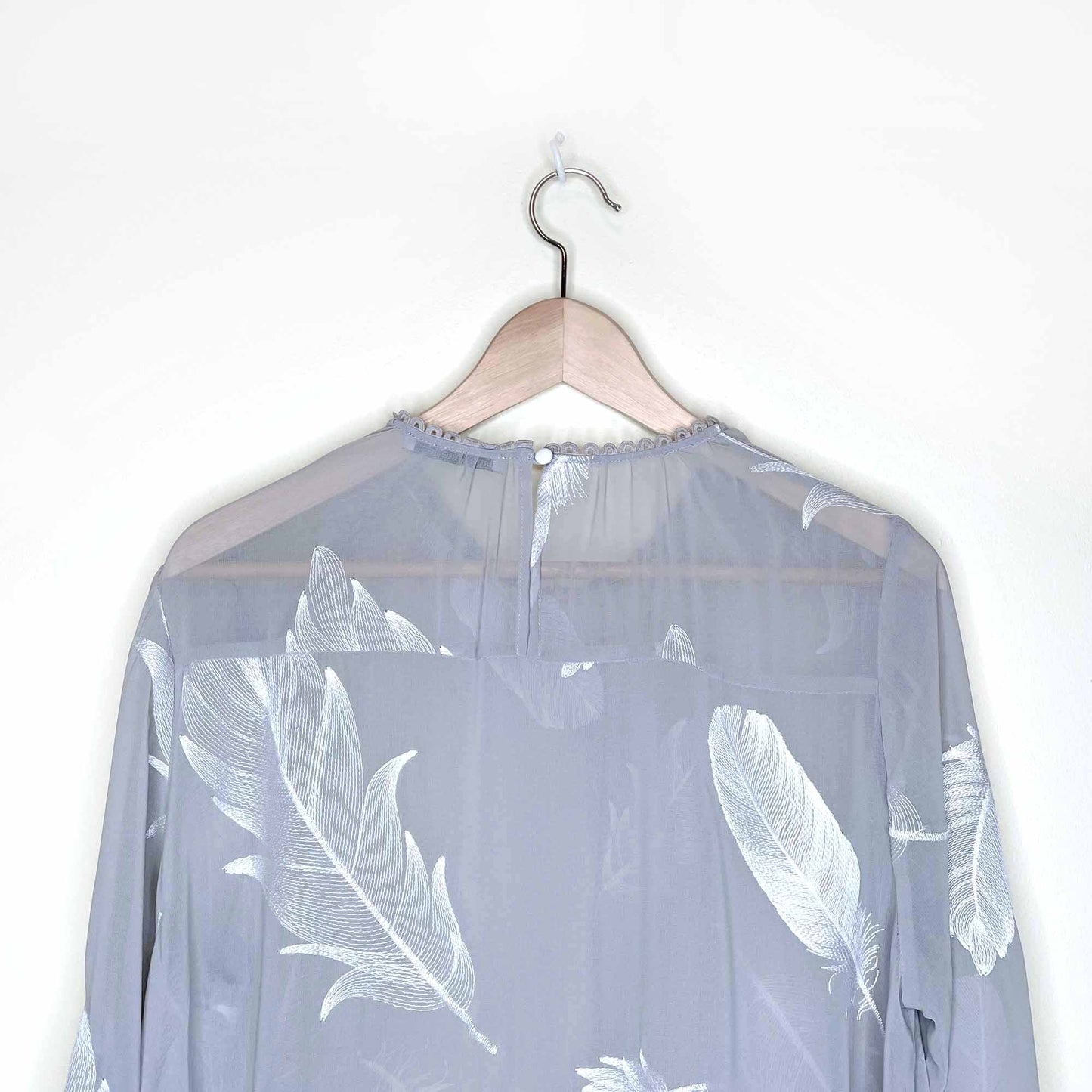 uo little white lies grey chiffon dress with feather embroidery - size m/l