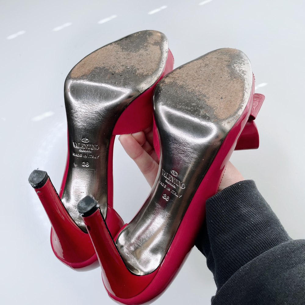 valentino pink d'orsay peep toe patent leather bow pumps - size 38
