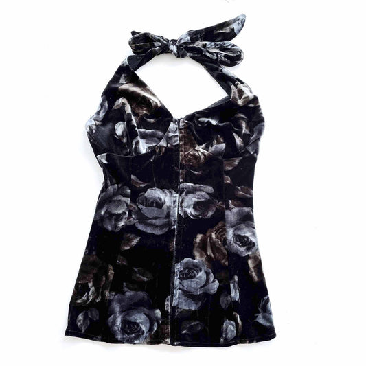vintage black rose velvet corset halter top - size small