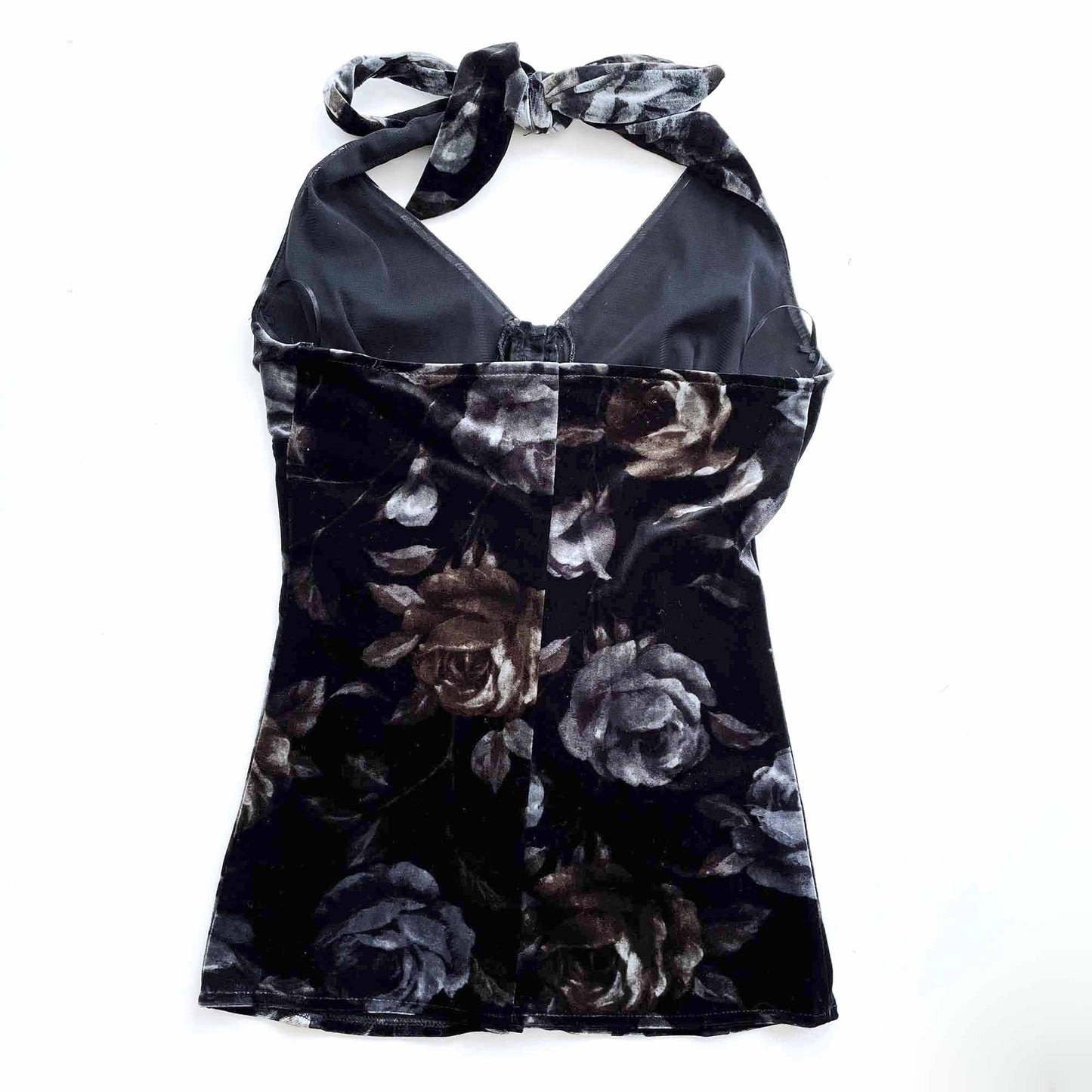vintage black rose velvet corset halter top - size small